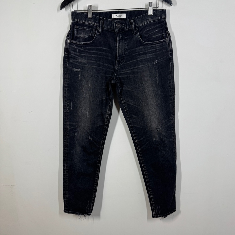 Moussy Vintage Black Distressed Skinny Jeans Raw Hem Cropped Women’s Denim - Picture 2 of 12